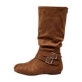 thumbnail image 4 of Women Ruched Knee High Boots, Double Metal Buckle Strap Side Zip Faux Suede Tall Boots, Low Flat Heel Slouch Long Boots Brown 9.5(43), 4 of 8