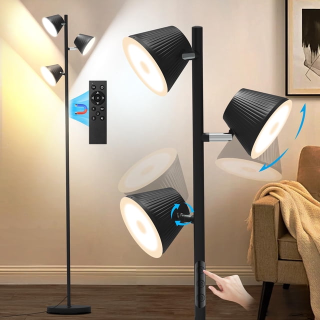 Pesken 42W LED Tree Floor Lamp, 4500 Lumens Dimmable Standing Lamp with Remote & Touch Control, Modern Super Bright 3 Rotatable LED Light Floor Lamps