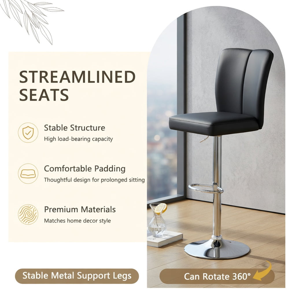 Hommoo 2-Piece Modern PU Leather Bar Stools with Adjustable Height, 360° Swivel & Trumpet Silver Metal Legs, Contemporary Kitchen, Bar & Lounge Seating, Black