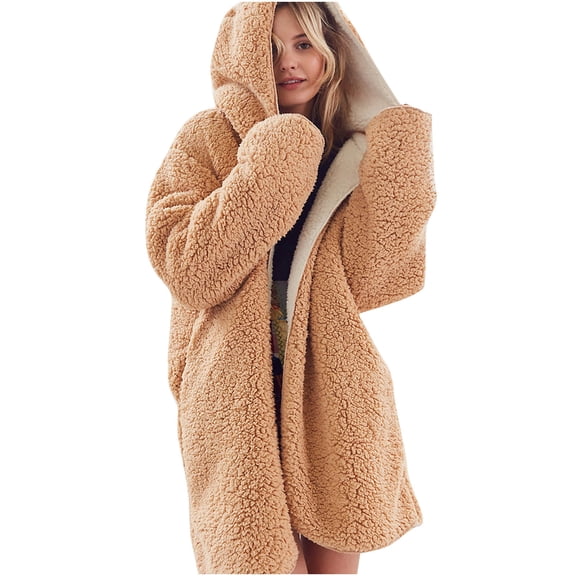XFLWAM Womens Oversized Sherpa Jacket Fuzzy Fleece Teddy Coat with Pockets Open Front Hooded Cardigan Khaki M