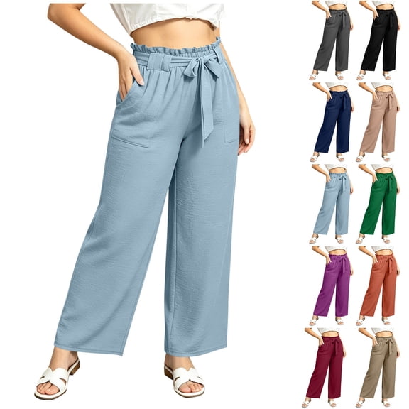 BiZtdJrK Straight Leg Casual Pants for Women Ruffle Elastic High Waist Drawstring Dressy Work Pants Plus Size Solid Color Summer Trousers with Pockets Black XXXXL