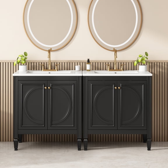 Christopher Knight Home 60" Bathroom Vanity Double Sink Set, Ceramic Top, Soft-Close Storage, Black