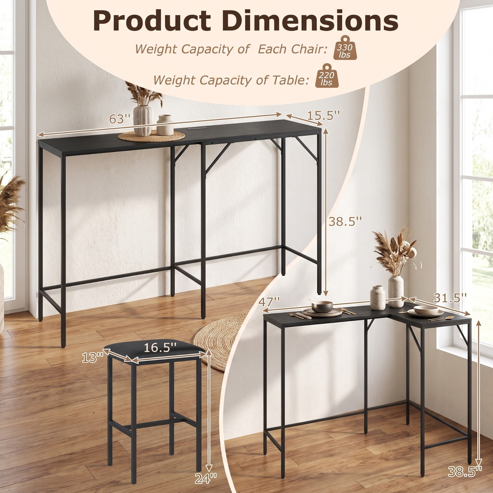 Furnibear 3-Piece Convertible L-Shaped Kitchen Table Chair Set with 2 AC Outlets USB Port and Type-C Port for Kitchen Dining Room Breakfast, Black