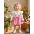 thumbnail image 3 of Cjfdfy Newborn Baby Girl Fall Bodysuit Lace Ruffle Ribbed Long Sleeve Corduroy Romper Dress And Bow Headband Infant Cute Fall Winter Holiday Outfit 0-18 Months, 3 of 9