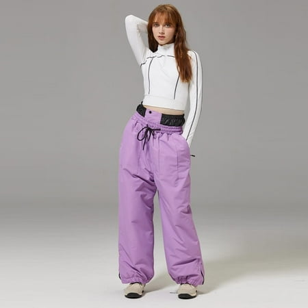 HUAXUN-Unisex Thermal Insulated Softshell baggy Ski Pants-Hiking Trekking Pants with Adjustable Drawstring for Men and Women Snowboard Pants Snowboarding & Outdoor Winter Activities(Light Purple L)