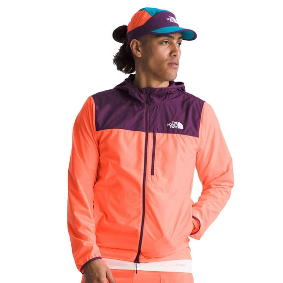 The North Face Mens Higher Run Wind Jacket, XXL, Vivid Flame/Black Currant Purple