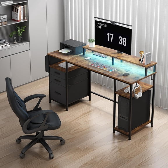 JEZWX 55 Inch Gaming Desk with LED Lights and Power Outlets, Computer Desk with Fabric File Drawers Cabinet, Shelves and Monitor Stand for Home Office Bedroom, Rustic Brown