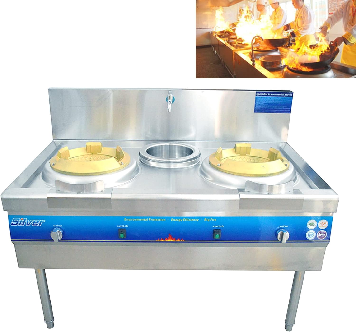 PreAsion Commercial Double-head High Fire Stove With Baffle and Water Basin Wok Range Burner Stainless Steel 12.2" 110V