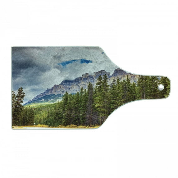 Landscape Cutting Board, Rocky Mountains Majestic Look Canada Evergreen Aspen Trees Autumn Nature Outdoor, Decorative Tempered Glass Cutting and Serving Board, in 3 Sizes, by Ambesonne