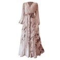 thumbnail image 2 of Women'S V Neck Floral Printed Pleated Dress Long Sleeve Flowy A Line Party Maxi Cocktail Dresses Pink XL, 2 of 7