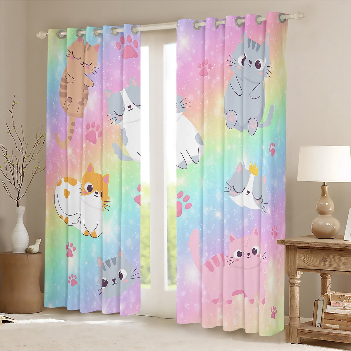 Super Cute Cat Print Blackout Curtains For Kids Room - Kawaii Animal & Polka Dot Design, Blocks Light Perfectly