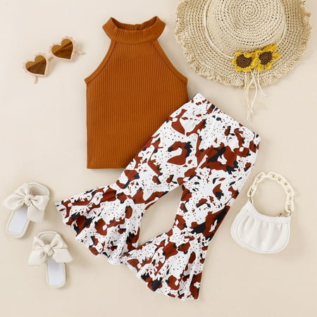 

NECHOLOGY Toddler Girls Sleeveless Ribbed Tops Vest Floral Leopard Prints Bell Bottoms Pants Outfits Cute Girls Clothes for Teens Childrenscostume Brown 12-18 Months