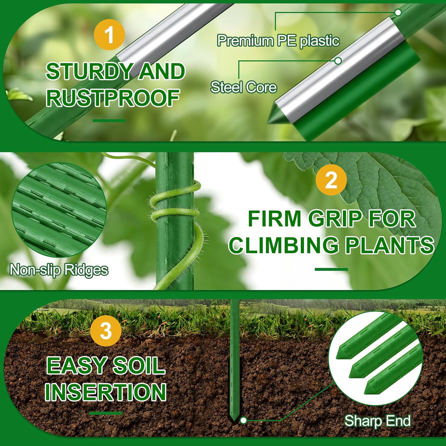 Garden Stakes16 Inch 24 Pack, Tomato cage DIY 4ft 5ft 6ft 7ft 8ft Plant Support Stakes with Connectors and Clips, Plastic Coated Metal Sticks for Tomato Indoor Outdoor