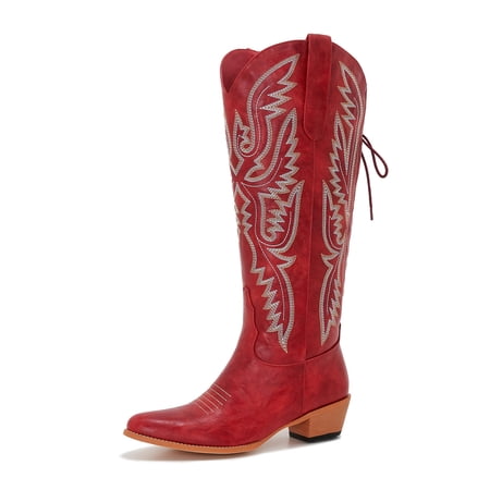 red cowgirl boots women extra wide calf Adjustable Lace Up Knee High tall plus size cowboy boots western style Comfortable 2-inch heel Size 9 Wide