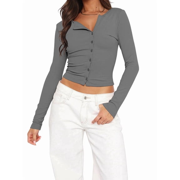 Y2K Women'S Long Sleeve Front Open Knit Cropped Sweater Button Knit Cardigan, Autumn V-Neck Button Top Dark Gray XL
