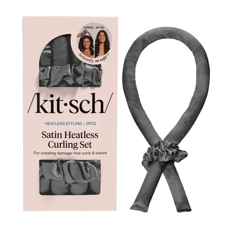 Kitsch Satin Heatless Curling Set with Foam Rod and Sleep Scrunchies in Charcoal
