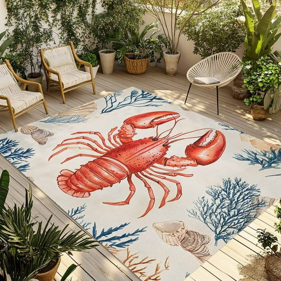 Fsddascl Lobster Coastal Outdoor Rug for Patio/Deck/Porch, Non-Slip Large Area Rug 4 x 6 Ft, Summer Beach Coral Shell Nautical Red Blue Indoor Outdoor Rugs Washable Area Rugs, Camping Rug Carpet