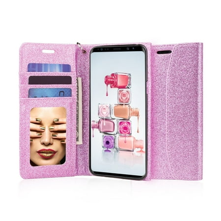 J&D S9 Plus Case, [Glittering] [Mirror Function] [RFID Blocking] Sparkling Heavy Duty Protective Shock Resistant Flip Cover Wallet Case with Card Slots and Makeup Mirror for Samsung Galaxy S9 Plus