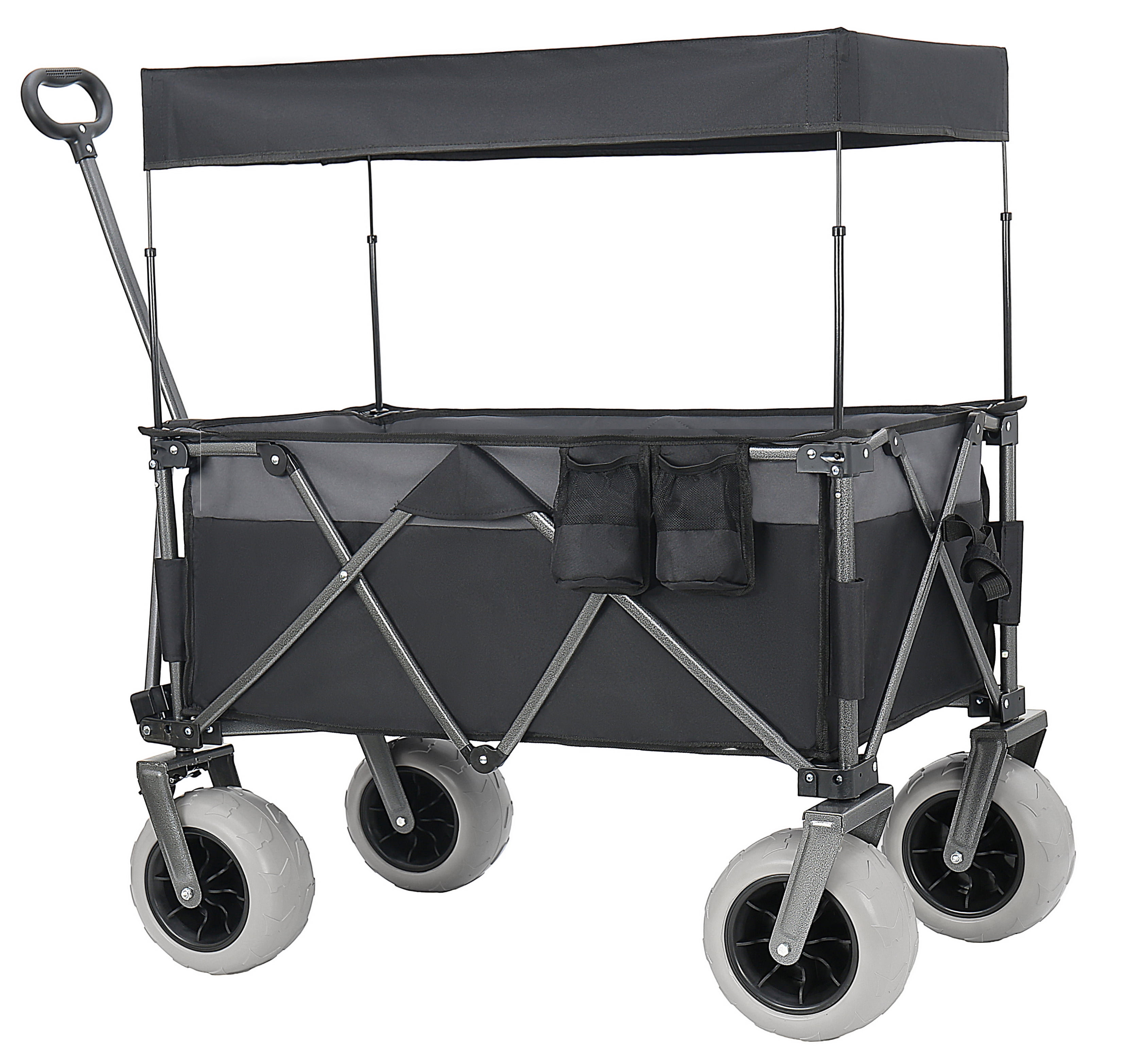Foldable Utility Wagon with Removable Awning Canopy, 9" All-Terrain Balloon Wheels, 480LBS 120L Heavy Duty Beach Cart Adjustable Handle for Camping Shopping Outdoor Use