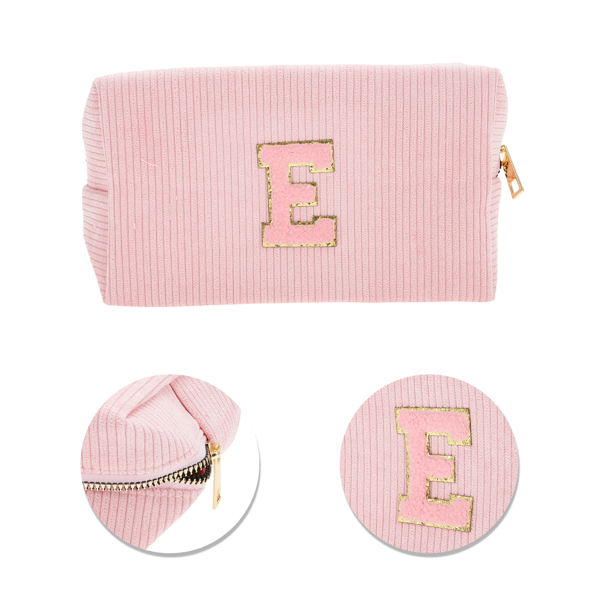 Unique Bargains 1 Pc Corduroy Rectangular Letter Makeup Bag Pink [Letter E]