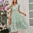 thumbnail image 2 of Sarapandan Elegant Women's V-Neck Ruffle Floral Print Knee-Length Dress in Light Green for Spring and Summer - Size M Sarapandan, 2 of 8