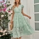 thumbnail image 2 of Vestido largo para mujer, elegante vestido hasta la rodilla con estampado floral y volantes con cuello en V para primavera y verano, verde claro L, 2 of 8