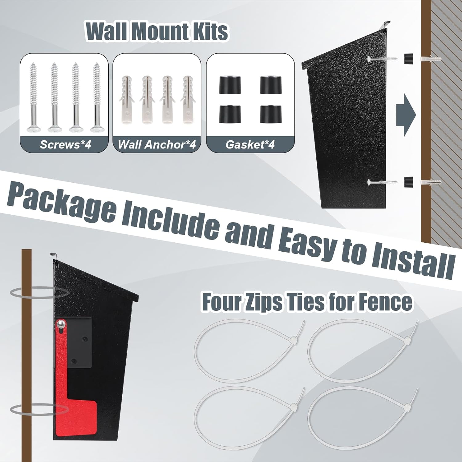 Wall Mount Mailboxes for Outside with Flag and Number Stickers,Galvanized Steel Rust-Proof Metal Post Box,Large Capacity Mail Box for House,15.7"x9.9"x4.9" Black