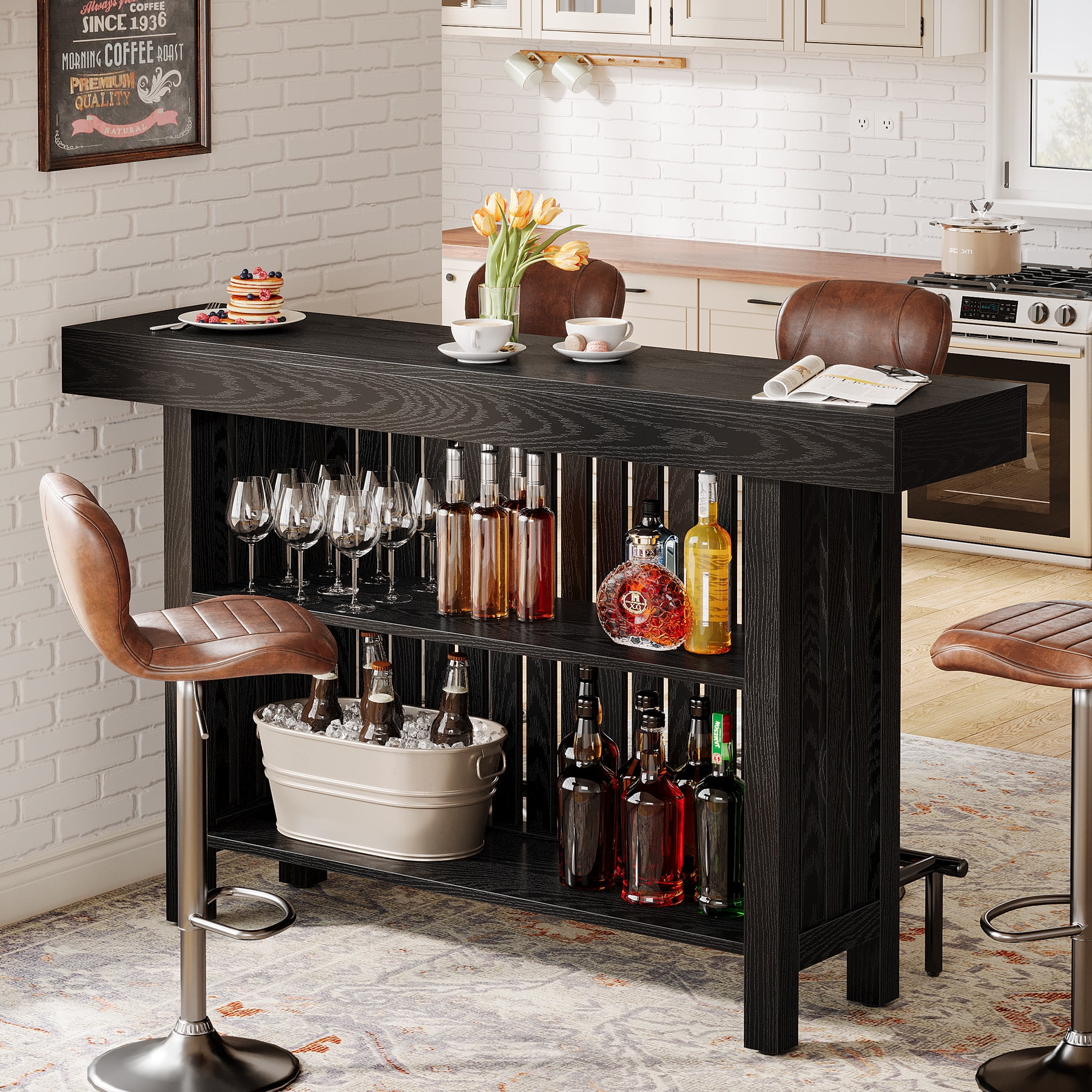 Tribesigns Home Bar Unit, Modern 2-Tier Bar Table with Footrest, Corner Mini Coffee Bar Cabinet for Home Kitchen Pub, Black
