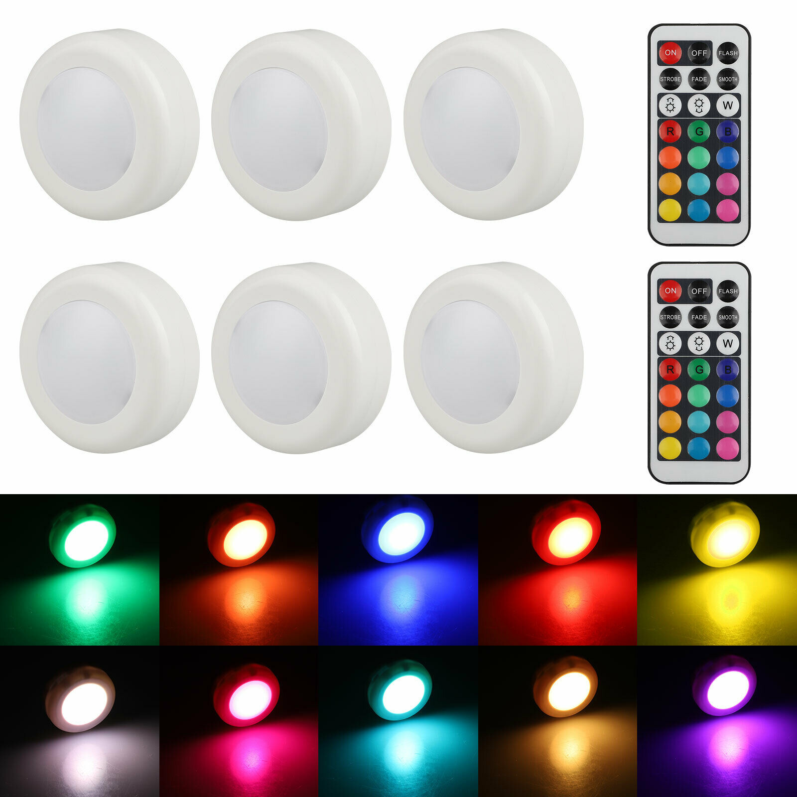 Puck Lights, RGBW Puck Lights with Remote, Dimmable Push Lights Battery
