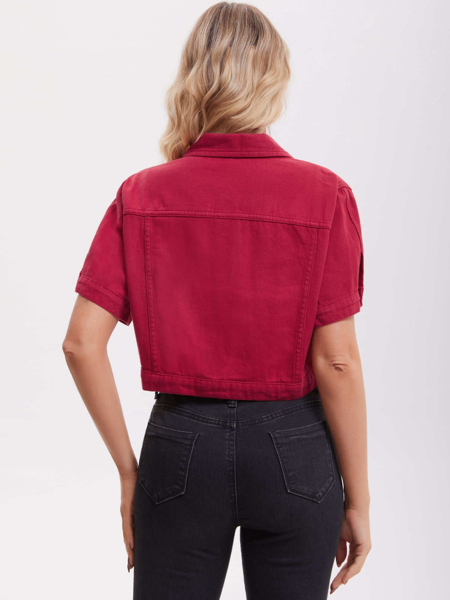 DARING DIVA Women's Short Sleeve Denim Rendy Casual Cropped Jean Jacket S Dark Red