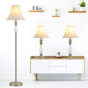 Vintage Table lamps & Floor Lamp Set of 3 for Living Room Bedroom, Silvery Nickel LED Lights with Faux Silky Shade Glass