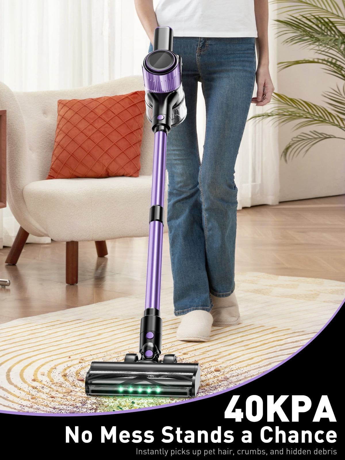 Cordless Vacuum Cleaner, 40Kpa Stick Vacuum with Powerful Suction, Hose, Green LED Light, Anti-Tangle Brush, Lightweight Rechargeable Vacuum Cleaner for Home, Hardwood Floors, Carpets,Purple
