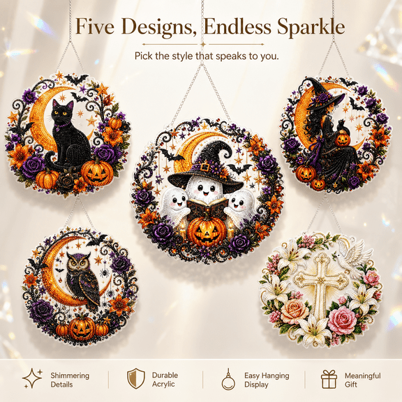 Halloween Diamond Art Hanging Kits for Adults Beginners, DIY 5D Crystal Diamond Painting Ornament Kit with Acrylic Hanging Plate, Halloween Decor Wall Art Craft Gift