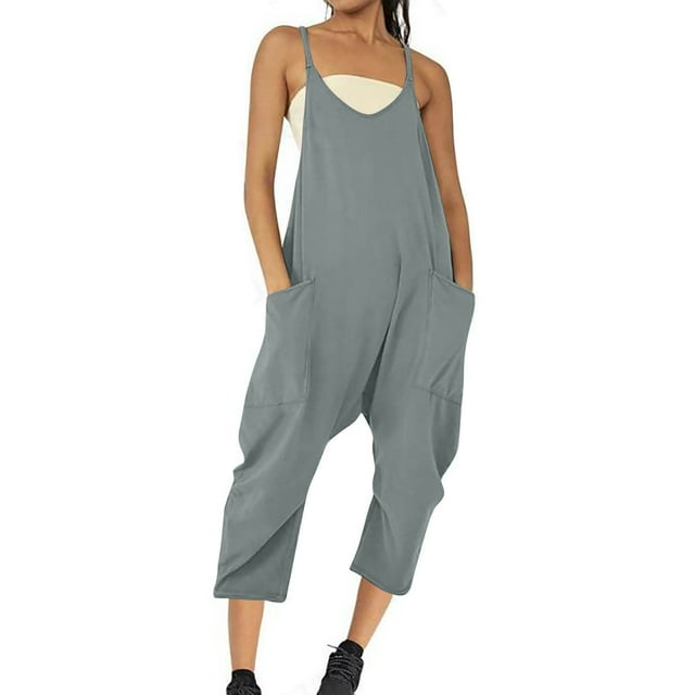 Cameland Plus Size Women Casual Jumpsuits Cold Shoulder Capris Pants Solid Suspender Straight Leg Pockets Rompers