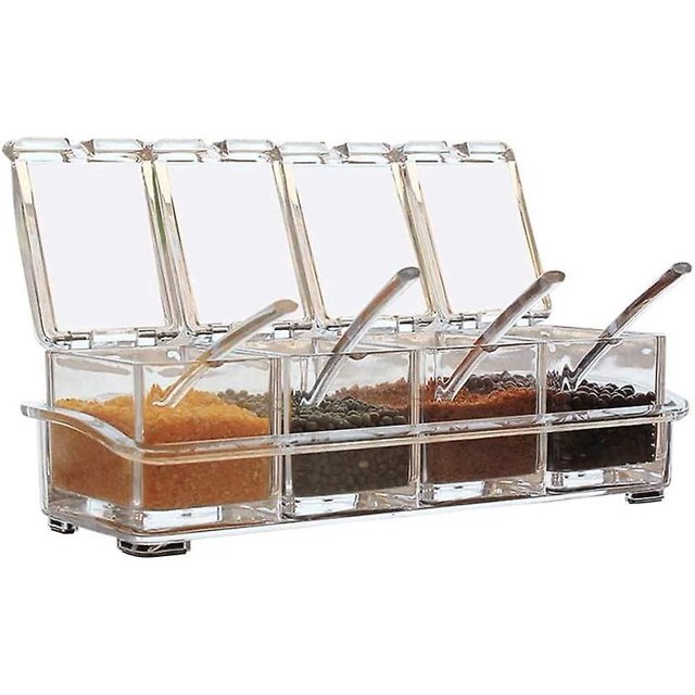 Estante transparente para condimentos, botes para especias, caja acrílica para condimentos de 4 piezas, contenedor de almacenamiento, tarros para condimentos con tapa y cuchara
