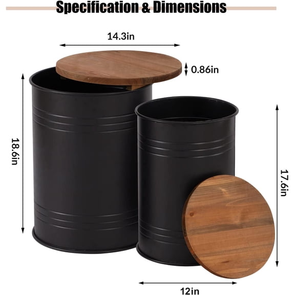 Farmhouse End Tables Set of 2, Galvanized Metal Decor Side Table with Wood Lid, Coffee Table Storage Stool for Living Room (Black)