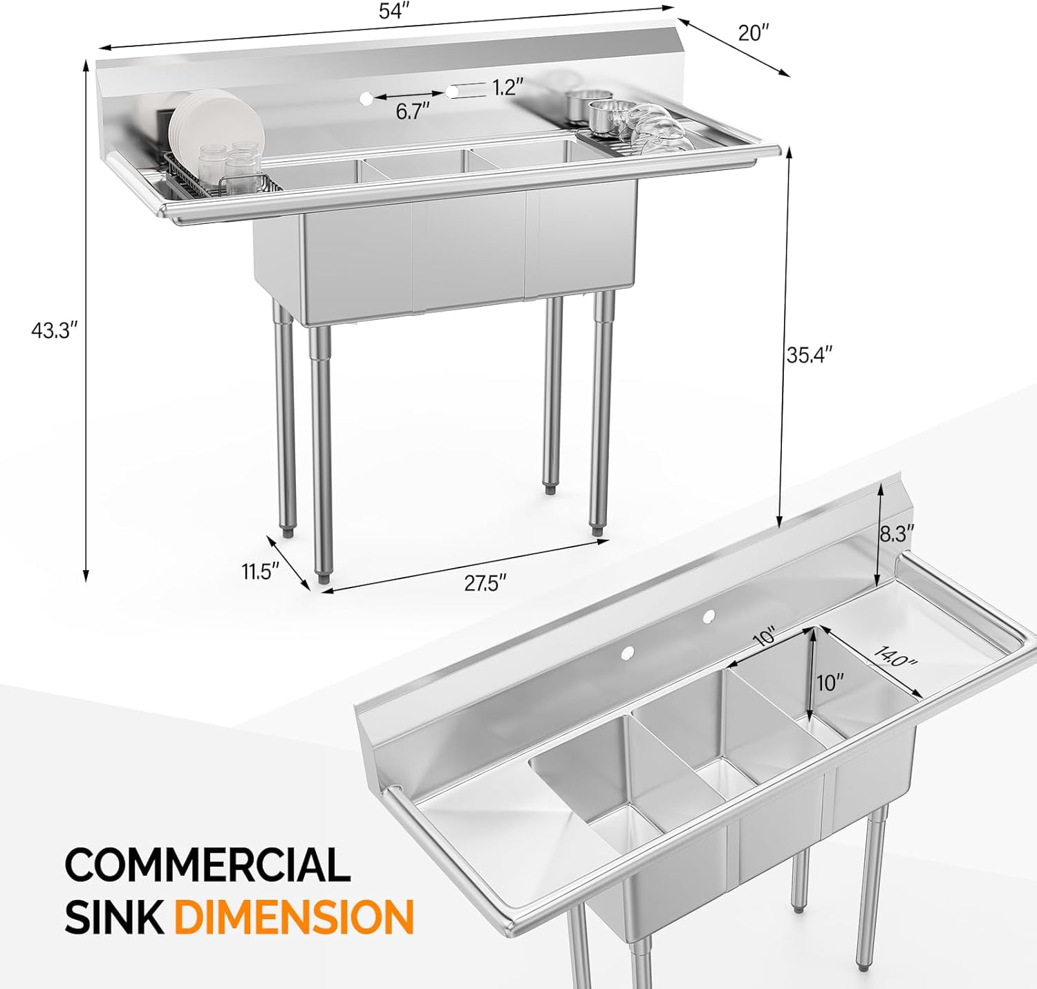 ROVSUN Commercial Sink, Stainless Steel Sink with 3 Compartment and 2 Sides Drain Rack, 20" x 54" x 43.5" Freestanding Utility Sink, Great for Restaurant Kitchen Laundry Room Garage Sunroom