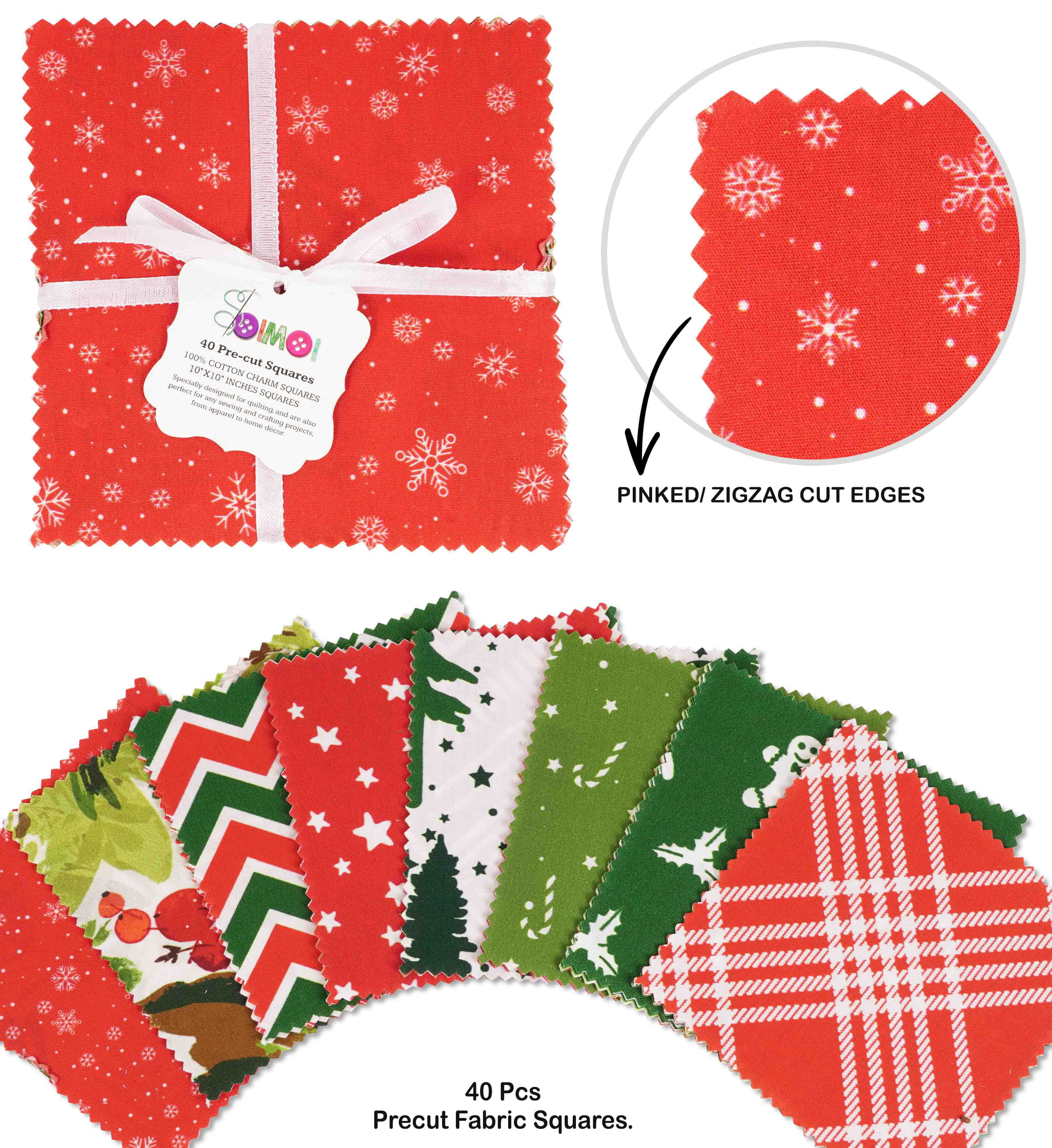 Soimoi Precut 10-inch Christmas Prints Cotton Fabric Bundle Quilting Squares Charm Pack DIY Patchwork Sewing Craft- Red & Green