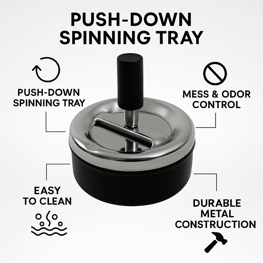 2-Pack Push-Down Spinning Ashtray – Metal Press-Lid Cigarette Ash Holder,  Black
