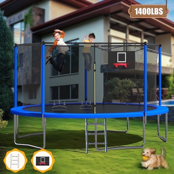Mersco Trampoline Extérieur 14 Pieds pour Enfants et Adultes, Trampolines de Jardin avec Panier de Basket et Filet de Protection, Charge 1400 Lbs, Bleu