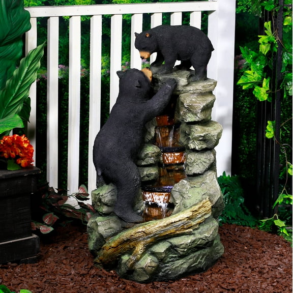 Alpine Corporation 26" Tall Outdoor Bear and Cub with Tree Fountain Yard Statue Decoration
