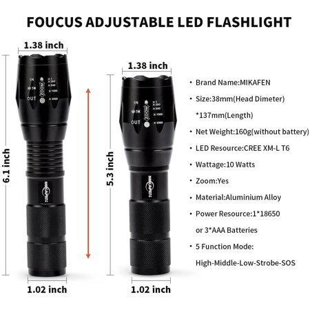 Mikafen Led Tactical Flashlight Ultra Bright Cree Xml T6 Led Bulb Zoomable Water Resistant Handheld Flashlights Walmart Canada