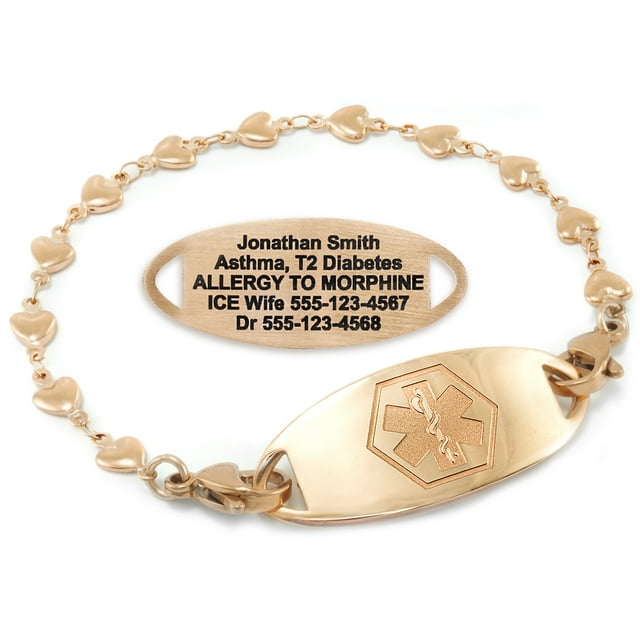 MedicEngraved Rose Gold Stainless Steel Custom Medical Alert Bracelet - 5mm Heart Link