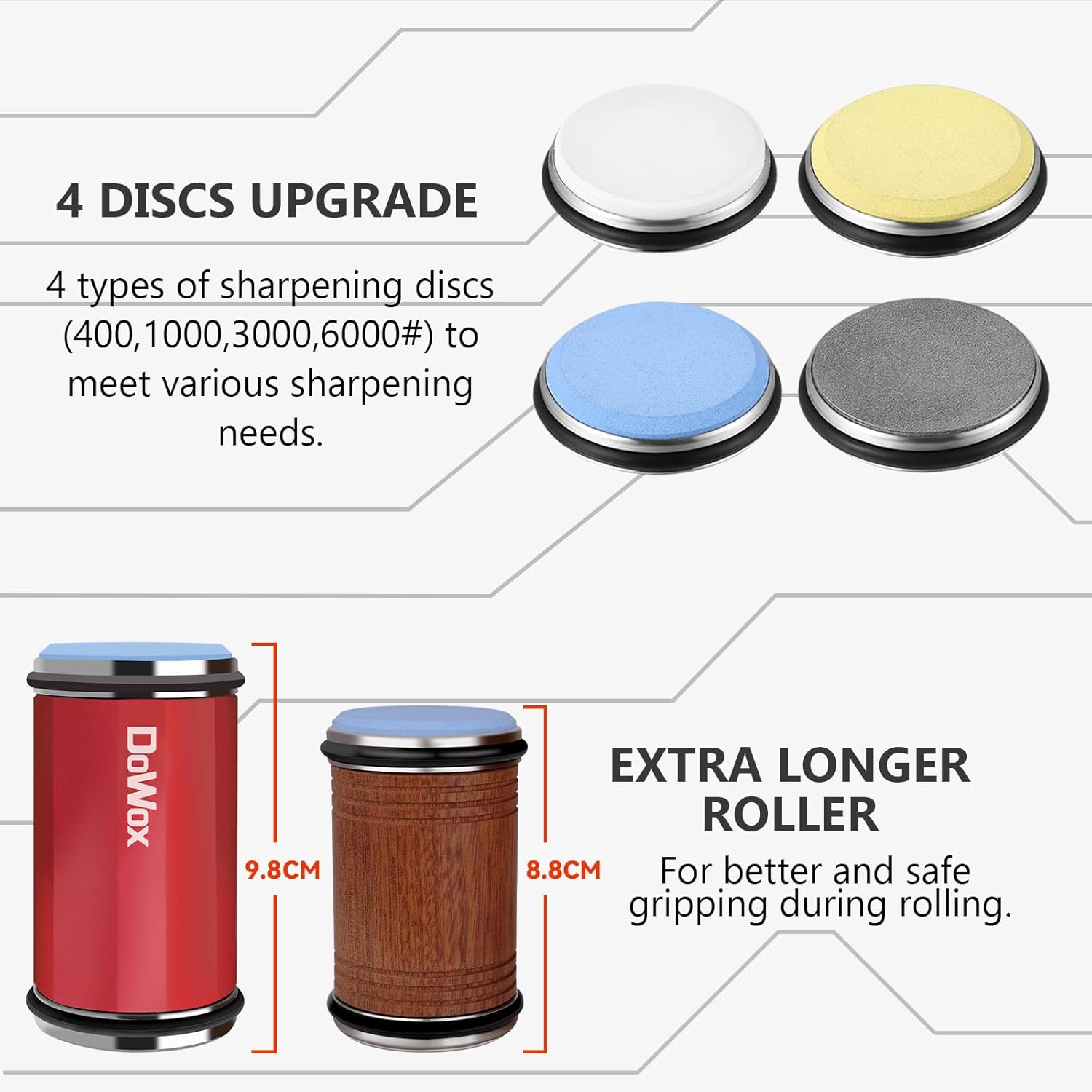 Upgraded Rolling Knife Sharpener with Leather Strop, 4 Angle Base & 4 Replaceable Discs for Kitchen Knives, Red