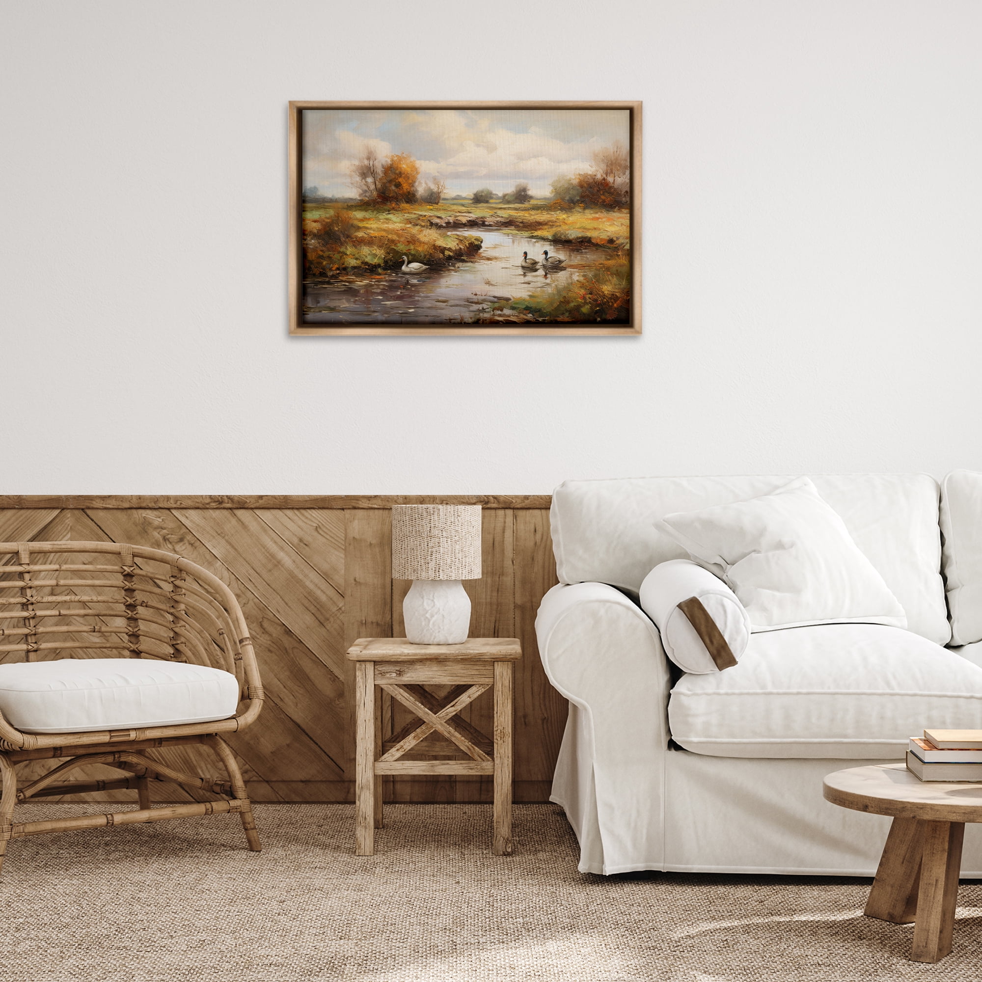 Stupell Industries Ducky Days Landscape Landscape & Nature Painting Brown Floater Framed Canvas Art Print Wall Art, 31 x 21