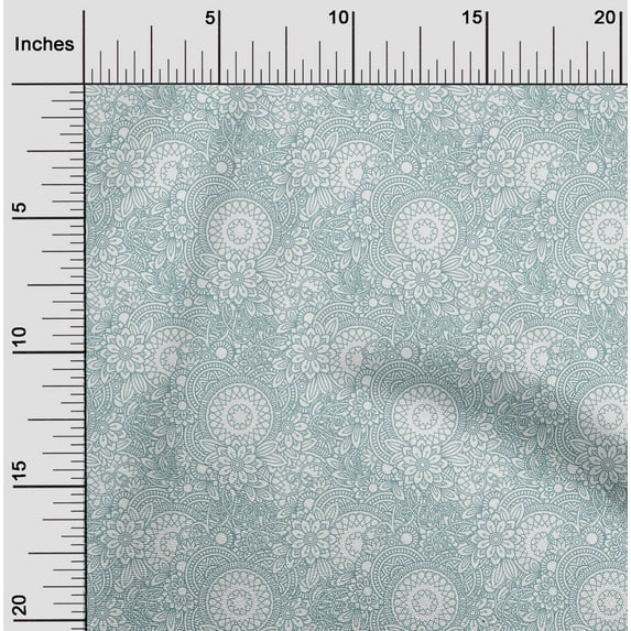 oneOone Cotton Cambric Dusty Teal Blue Fabric Floral Mandala Artistic Craft Projects Decor Fabric Printed By The Yard 56 Inch Wide