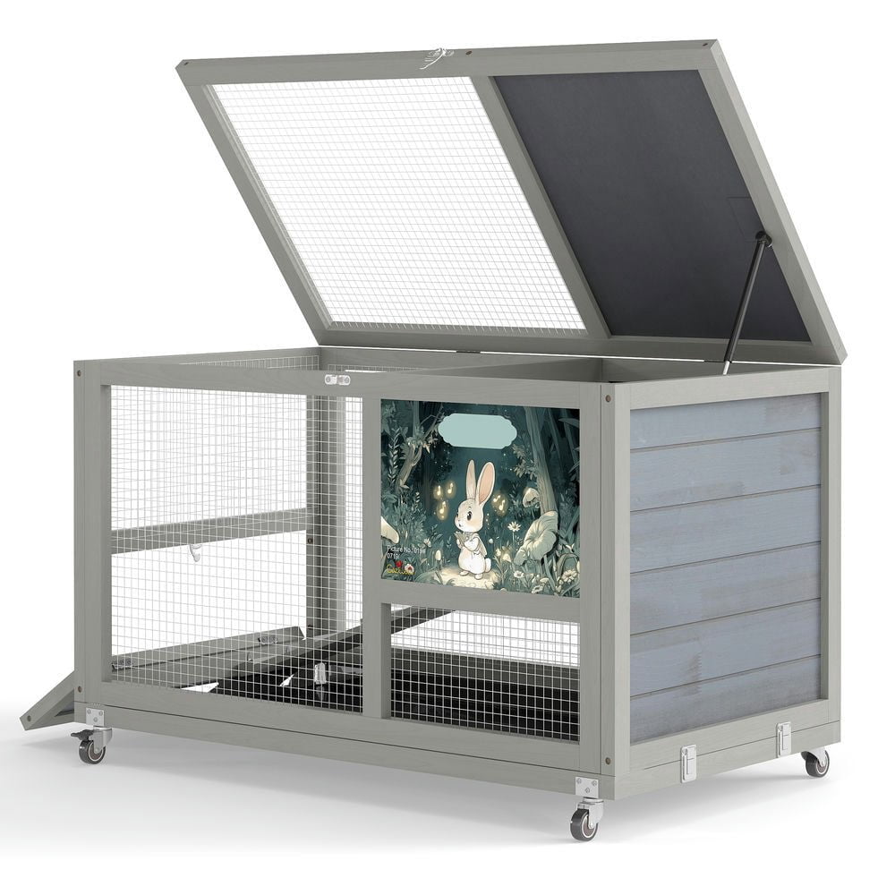 Resenkos 2-Tier Rabbit Hutch, Wooden Cage with Rollers, Removable Roof, Stairs, Easy-Clean Tray, Guinea Pig Home, Gray With Colorful Patterns