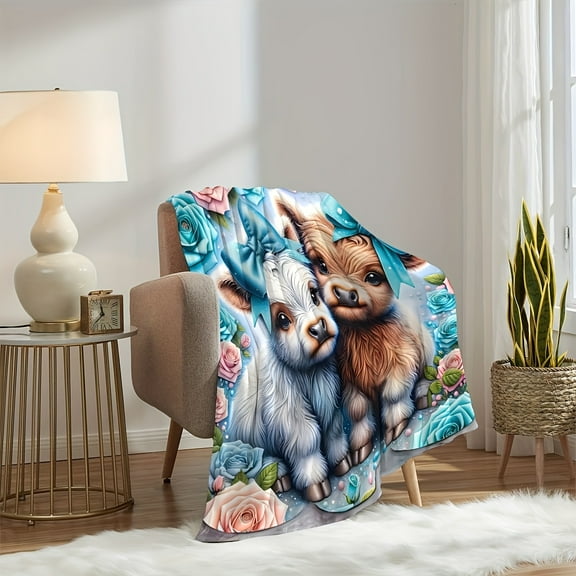 1pc Modern Highland Cow Print Blanket - Cute Animal Theme, Versatile, All Season, Lightweight, Soft, Polyester Material, Suitable For Chairs, Beds, Sofas