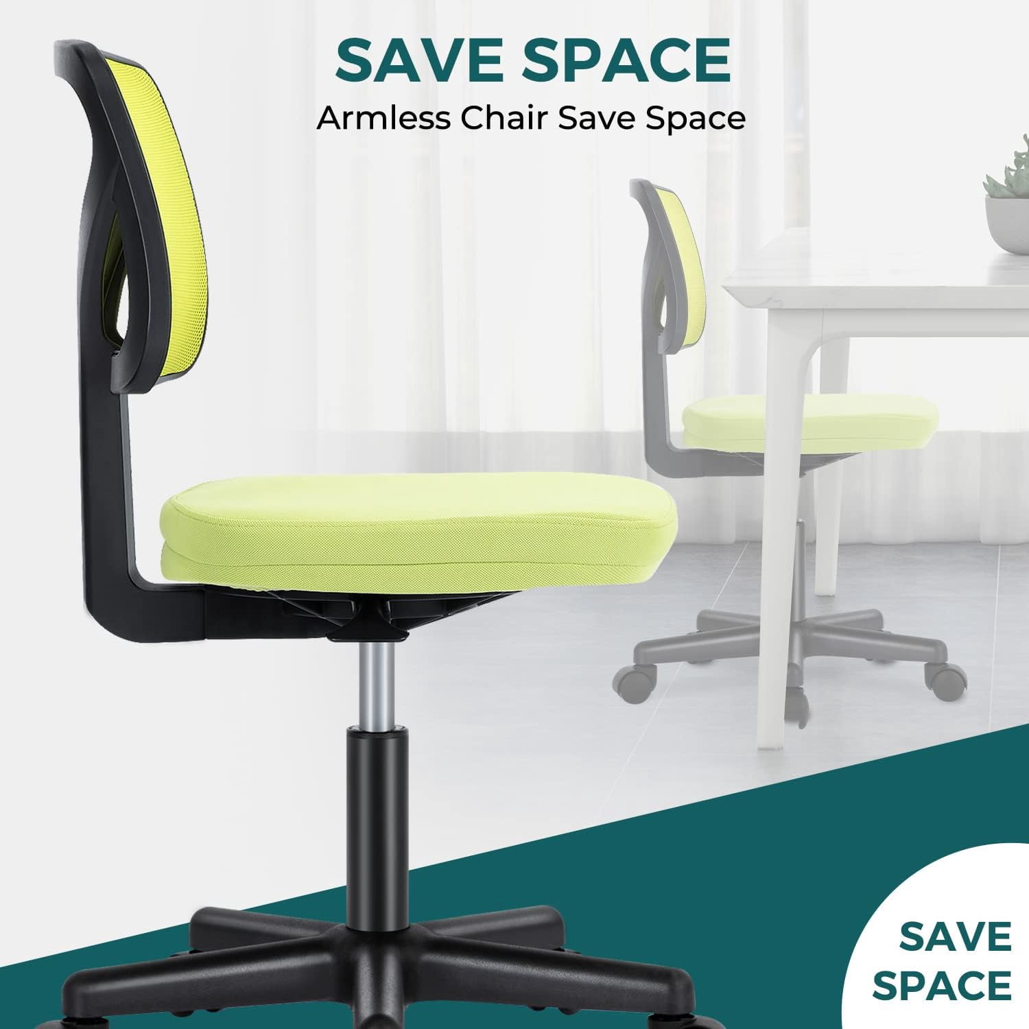 Armless Mesh Office Chair, Ergonomic Low-Back Swivel Desk Chair with Wheels and Lumbar Support, Height Adjustable, Green