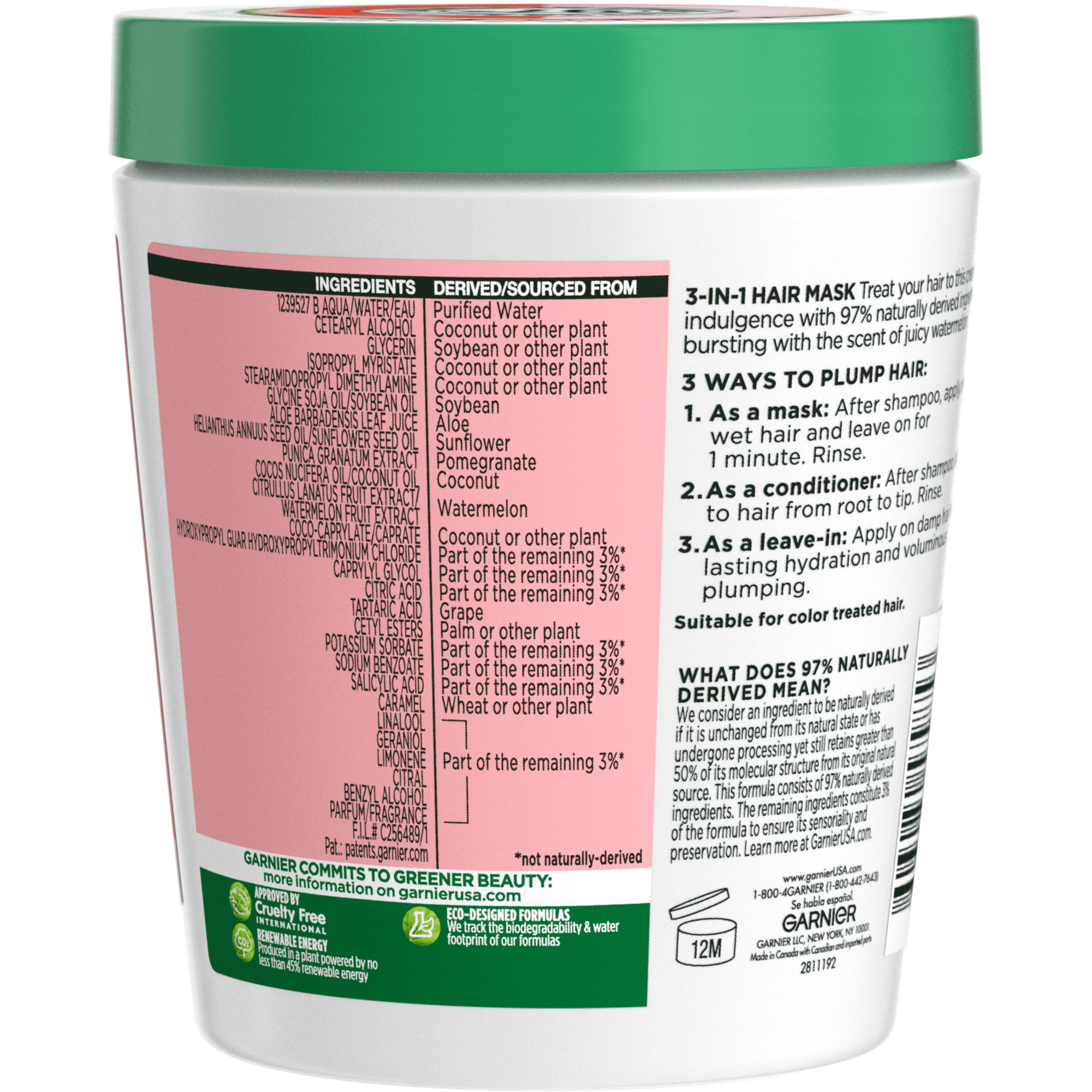 Garnier Fructis Plumping Nourishing Treat 3 in 1 Hair Mask, Frizzy Hair, Watermelon Extract, 13.5 fl oz